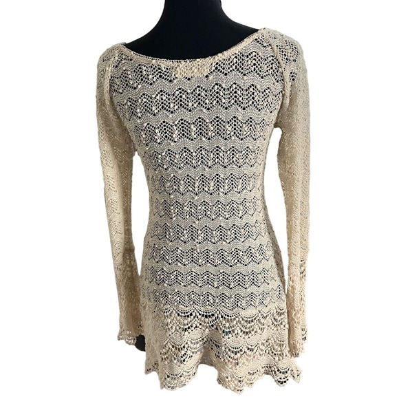 A’reve Bohemian Crochet Long Flare Sleeve Cover-Up Medium Women’s Cream - Picture 2 of 5